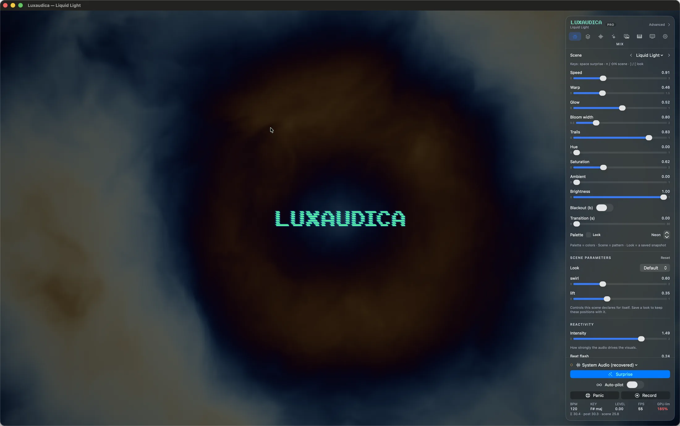 Luxaudica's control panel open beside the Liquid Light scene: the Mix tab with Speed, Warp, Glow, Bloom width, Trails, Hue, Saturation, Ambient and Brightness, then the scene's own swirl and lift parameters, reactivity, Surprise and Auto-pilot, and a live BPM, key, level and FPS readout.